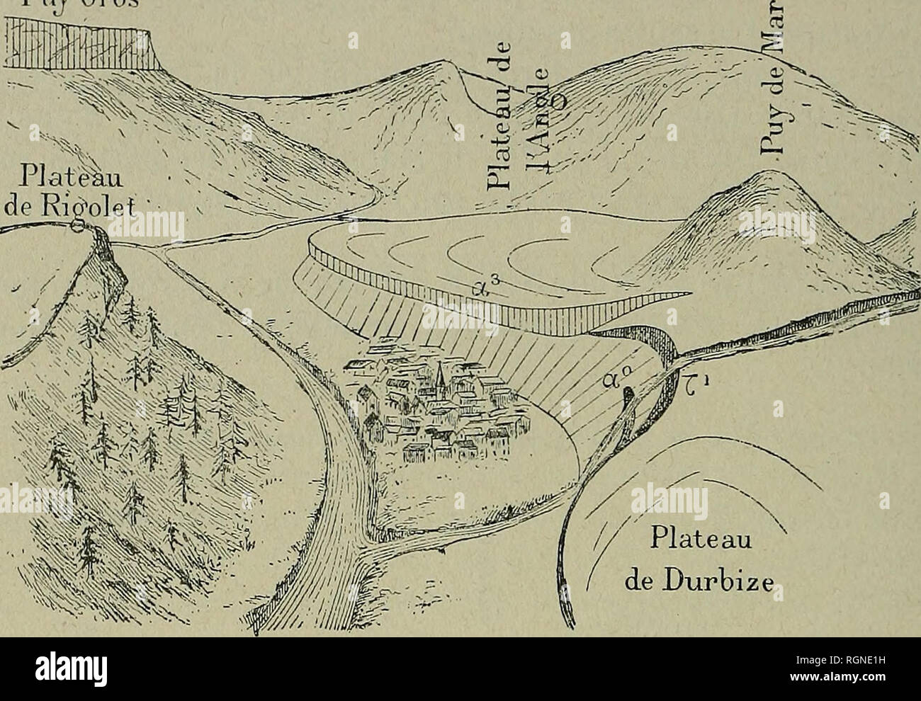 . Bulletin de la SociÃ©tÃ© gÃ©ologique de France. La géologie. 754 MICHEL LEVY, LE MONT-DORE 14 septembre par une cinÃ©rite Ã dÃ©jÃ blocs plus acides. Puis aprÃ¨s l'andÃ©place aÂ° (N° 4), la cinÃ©rite tout Ã fait acide, fragments de trachyte et de sanidine(N° 3) reprend jusqu'au trachyte Ã grands cristaux t^ (n" 2) qui forme le seuil mÃªme de la cascade. Fig. 25. Vue de la Grande Cascade des pentes du roc de Cuzeau. Puj Gros. Sur ce costume trachyte au-dessus de la cascade, dans le lit du torrent, jusqu'au pied du Puy de Mareilh, et on le voit, avec l'Ã©vidence, s'enfoncer d'un cÃ'tÃ© sous l'andÃ©tr Banque D'Images