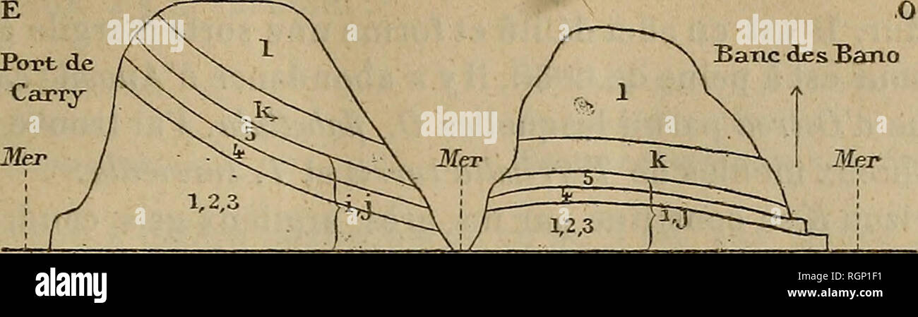 . Bulletin de la SociÃ©tÃ© gÃ©ologique de France. La géologie. 1888. GOURET. TERTIAIRE DE PROCÉDER Â ET DE SAUSSET. Fi g. 8. 79. Les couches 1, 2 et 3 du niveau i etj sont ici confondues sous forme d'un¨s cendrÃ grÃ©, trà s¨rÃ©résistantes, en grande partie colorÃ© en rouge, disposÃ© en mâche les bancs. Il peut se dÃ©litre en un sable assez fin ou prÃ©senter entre les divans quelques mâche lits d'argile grÃ©seuse. L'Ã©paisseur visible est de 3 mÃ®tres, tandis qu'elle a 25 mÃ®tres Ã la pointe occidentale du port de procéder. A cette pointe, comme aux Bano, les fossiles se rapportent Ã ParitÃ©s Collegniana, AST Banque D'Images