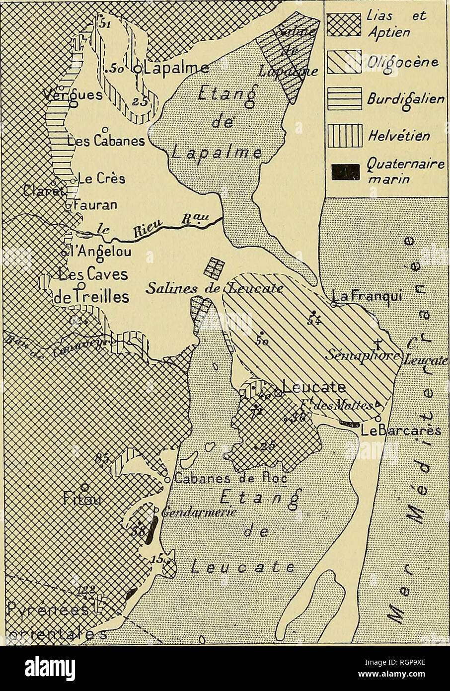 . Bulletin de la SociÃ©tÃ© gÃ©ologique de France. La géologie. 696 L. DONCIEUX. Â TERTIAIRE ET QUATERNAIRE MARIN 21 DÃ©c. relever de la plage de La Franqui au sommet de la falaise (point 54) (voir-fÃ®g. 2) : S. sables de la plage. 1. Marnes grisÃ¢tres et calcaires marneux (alternés 10 m.). 2. Tendres avec alternance de marnes et de tuf calcaire en gros bancs, un peu spongieux, blanchÃ¢tre (3 à 4 m.). 3. Calcaire formÃ© de dÃ©bris©s tuffacÃ agglomÃ©rÃ©s, en gros bancs, dix- dre ou durci et bancs de tufs (5-^ m.).. Fig. I. â de carie de l'rexlciision OligocÃ¨¨MiocÃ du ne et nw dans le sud-est de l'éloge de Banque D'Images