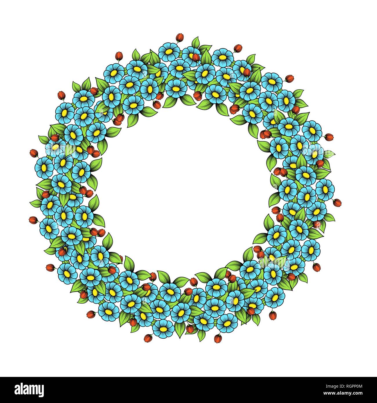 Floral frame Circle avec marguerites et couleur feuilles isolées sur fond blanc Illustration de Vecteur