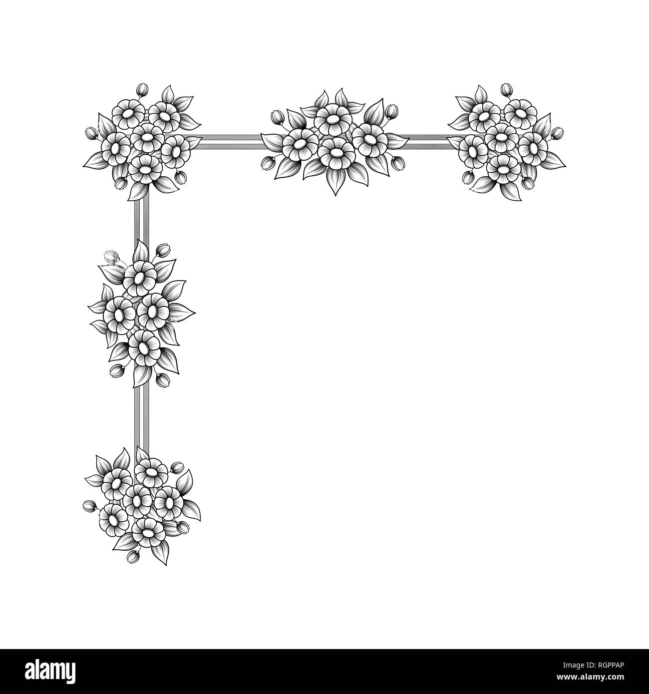 Contour noir floral frame coin isolé sur fond blanc Illustration de Vecteur