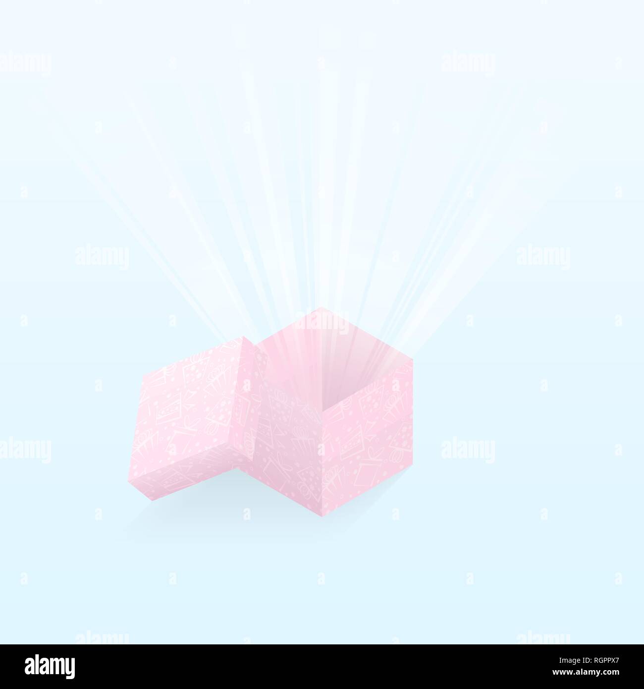 Boîte cadeau ouvert rose brillant avec de l'intérieur isolé sur fond bleu Illustration de Vecteur