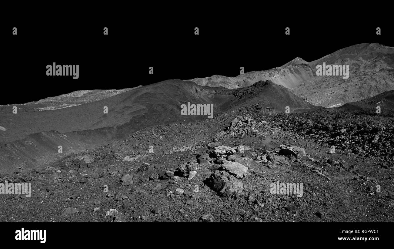 Infrarouge noir et blanc effet de le paysage volcanique de Pico del Teide et Pico Viejo, dans le Parc National du Teide, terres arides lunaire, Tenerife, Espagne Banque D'Images Infrarouge noir et blanc effet de le paysage volcanique de Pico del Teide et Pico Viejo, dans le Parc National du Teide, terres arides lunaire, Tenerife, Espagne Banque D'Images
