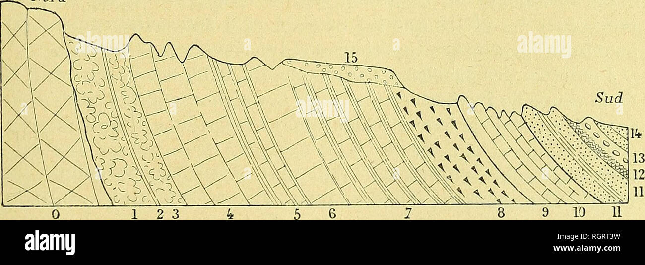 . Bulletin de la SociÃ©tÃ© gÃ©ologique de France. La géologie. 1890 COLLOT. CRETACE TERRAIN DE LA BASSE-PROVENCE 45 5. La participation financière de trà Bancs Â Ã©pais de calcaire brÃ©chiforme¨s rÃ©trà résistantes, Ã pisolithes bruns, avec couches concentriques. 6. - Alternances d'argile noirÃ¢tre. #  7. - Barre de calcaire lacustre, 2â ¢. Du n° 2 Coquand citer Melanopsis, Neritina Brongniarti, Cyrena globosa. Il faut ajouter : Melanopsis lyrÃ Math. pi. 37 f. 9, Sandb Melania scalaris Sow. Paludina Deskayana ?, Math. L'ensemble de cette assise lacustre aurait au Plan d'Aups suivant Coquand, l'Ã©norme Ã©paisseur de 160m. o- Valdonn Banque D'Images