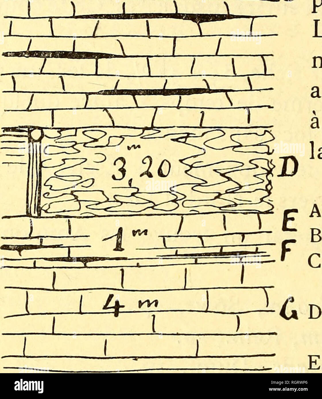 . Bulletin de la SociÃ©tÃ© belge de gÃ©ologie, de palÃ©ontologie et d'hydrologie. La géologie, la paléontologie. FIG. I. Coupé de fond de graas (Exploiter, de MM. Collart.) ^J   X°F Au Zrr n(i de gras, nous visitons l'ex- ' ' ^) mrl Exploitation sexuelle en galerie de MM. Collart. Le directeur, M. Koch, avait mis à notre disposition une brigade d'ouvriers avec un chef mineur. Sur exploitait jadis Ã ciel ouvert et l'on peut encore relever "un coupé suivante (fig. 1) :. J'^ Â£ A. Terre vÃ©gÃ©tale om.5o B. Marnes grises supÃ©rieures ... 1. 5o C. Calcaire stÃ©rile avec filets de mines antipersonnel 10. 00 Couche rouge (g Banque D'Images