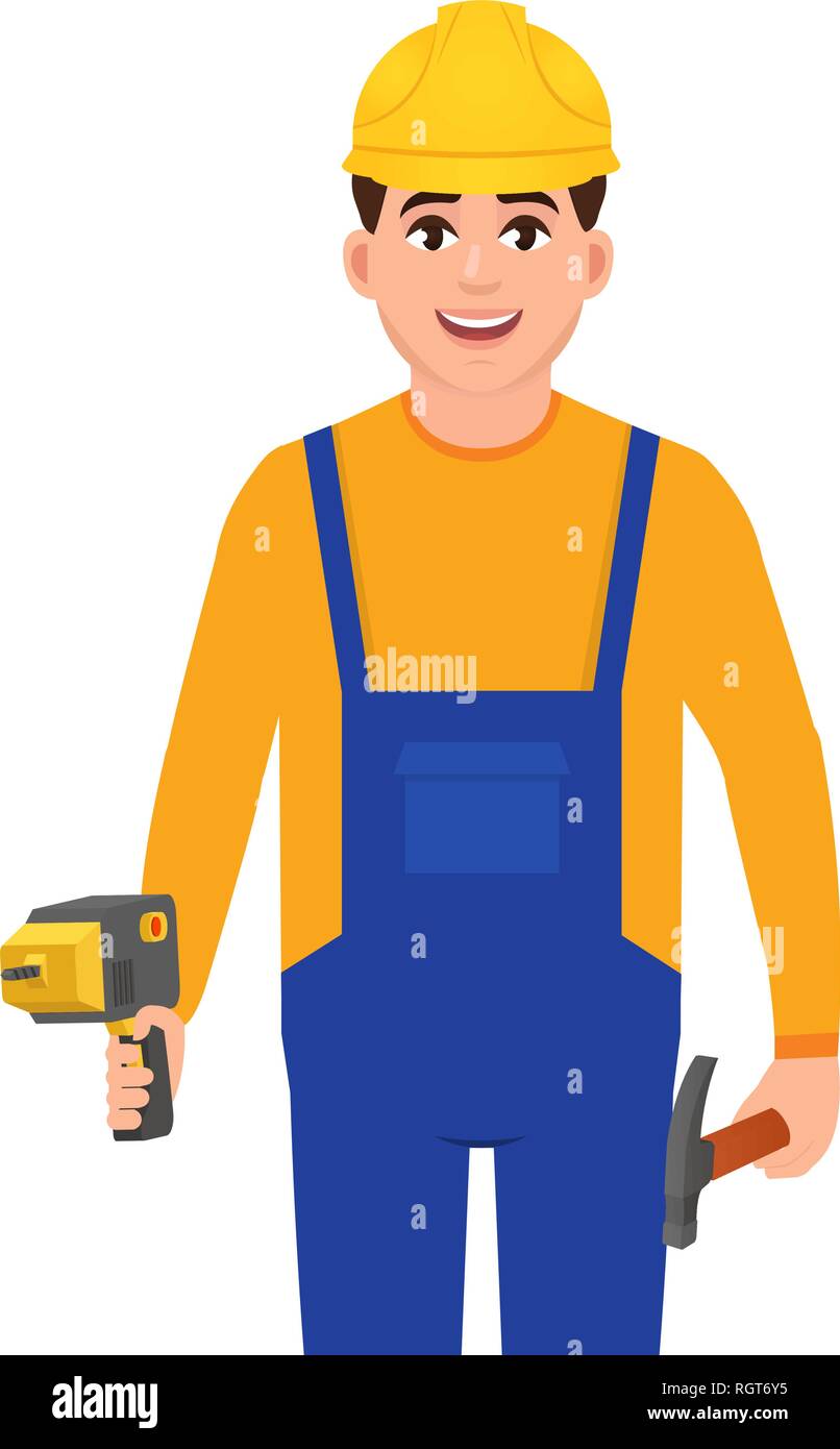 Happy builder holding drill et un marteau, l'homme en uniforme, de la construction en caractères de style plat Illustration de Vecteur