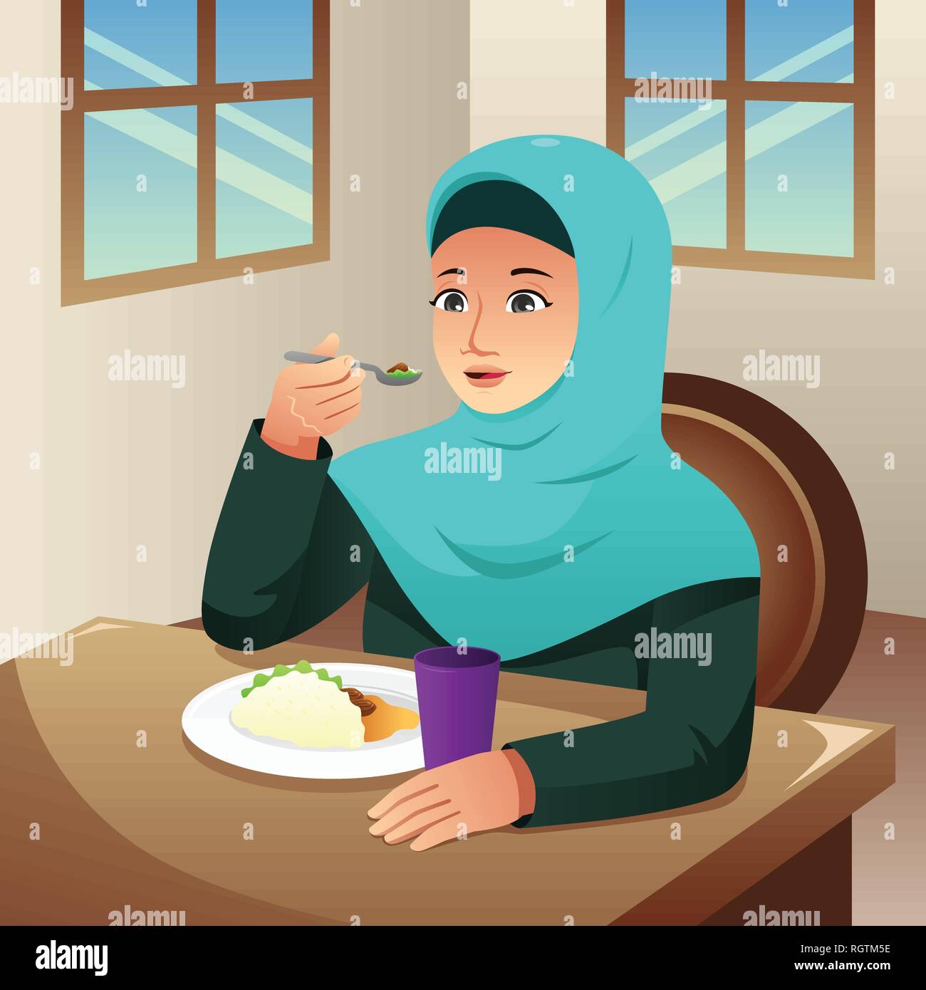 Un vecteur illustration de femme musulmane qui mange son petit-déjeuner à la maison Illustration de Vecteur