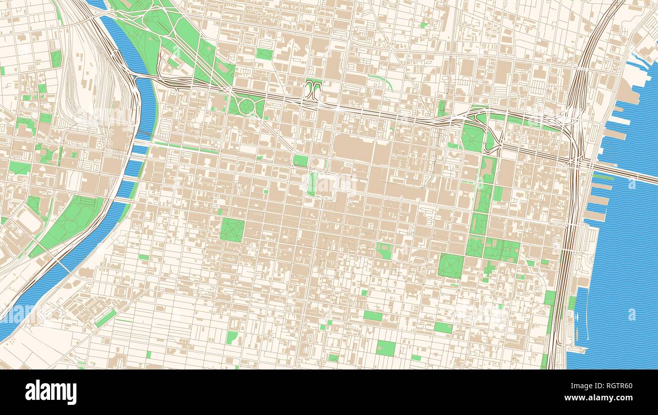 Plan des rues de Philadelphie, Pennsylvanie. Cette carte en couleur classique de Philadelphie contient plusieurs formes pour les routes, rues plus grand et plus petit, w Illustration de Vecteur