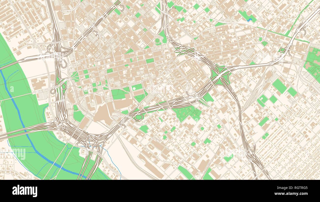 La carte des rues de Dallas, Texas. Cette carte en couleur classique de Dallas contient plusieurs formes pour les routes, rues plus grand et plus petit, de l'eau et des parcs dans le w Illustration de Vecteur