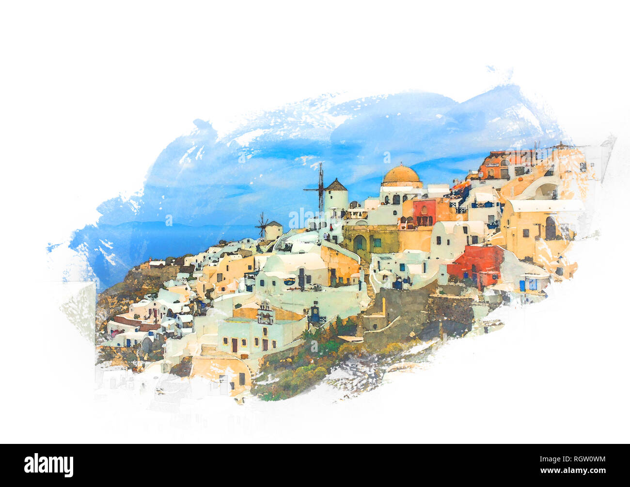 Le village d''Oia, Santorin, Grèce. Aquarelle numérique. Les coups de pinceau sur fond blanc. Banque D'Images