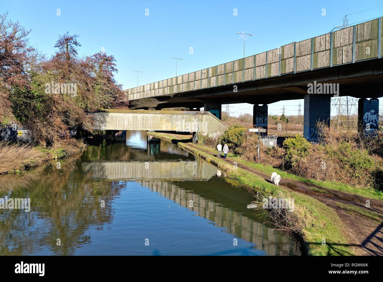 La jonction de la rivière Wey et la Basingstoke Canal à New Haw avec couple walking with dog en hiver sur le chemin de halage,Surrey England UK Banque D'Images