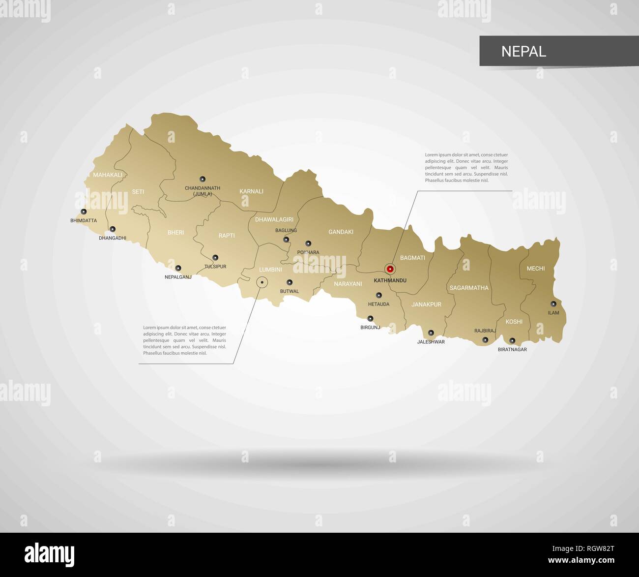 Carte Népal vecteur stylisée. L'infographie 3d gold site illustration avec les villes, les frontières, les capitaux, les divisions administratives et de l'aiguille, les marques de l'ombre ; gr Illustration de Vecteur