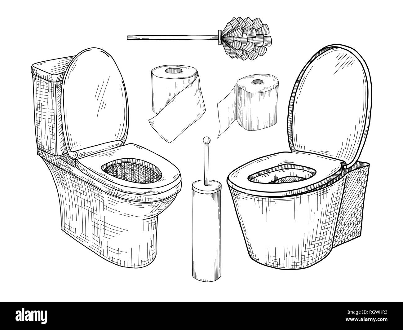 Croquis de la cuvette des toilettes et autres articles de toilette isolé sur fond blanc. Vector Illustration de Vecteur