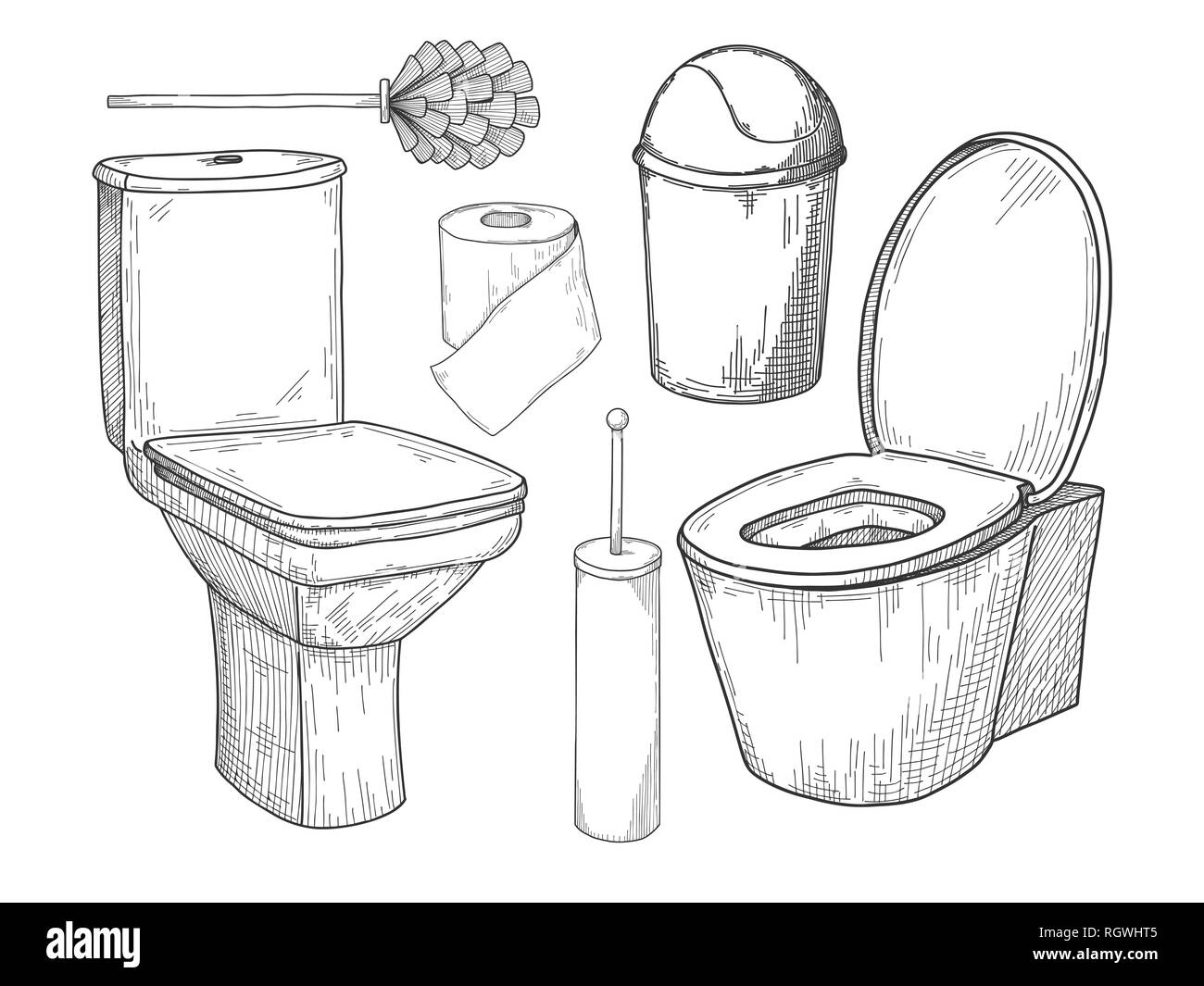 Croquis de la cuvette des toilettes et autres articles de toilette isolé sur fond blanc. Vector Illustration de Vecteur