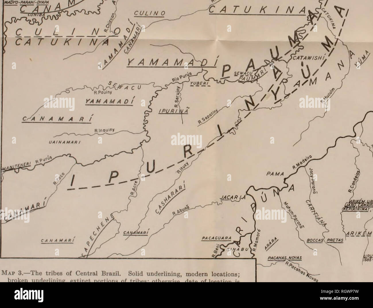 . Bulletin. De l'ethnologie. CUMArARI ^ lfi y / C A T U K I N A ^  AJ UN WJ    cifnjr S Hj' / lÂ€"^-"'(i^^^ / UMA. v o^  = :^^^^.,&gt;J^ */ /â Carte 3.- âThe tribus d le centre du Brésil. Soulignant solide, moderne, broiien soulignant, disparue des portions de tribus ; sinon, la date de l'emplacement est donné sous le nom tribal. Tribus pas soulignées sont éteintes. (Compilé par Curt. Nimuendajd). Veuillez noter que ces images sont extraites de la page numérisée des images qui peuvent avoir été retouchées numériquement pour plus de lisibilité - coloration et l'aspect de ces illustrations ne peut pas parfaitement ressembler à l'original Banque D'Images