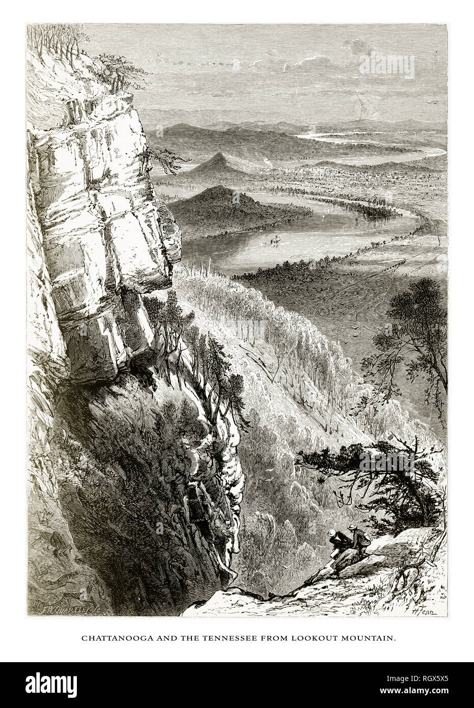 Chattanooga et la rivière Tennessee de Lookout Mountain, Tennessee, United States, American Victorian gravure, 1872 Banque D'Images