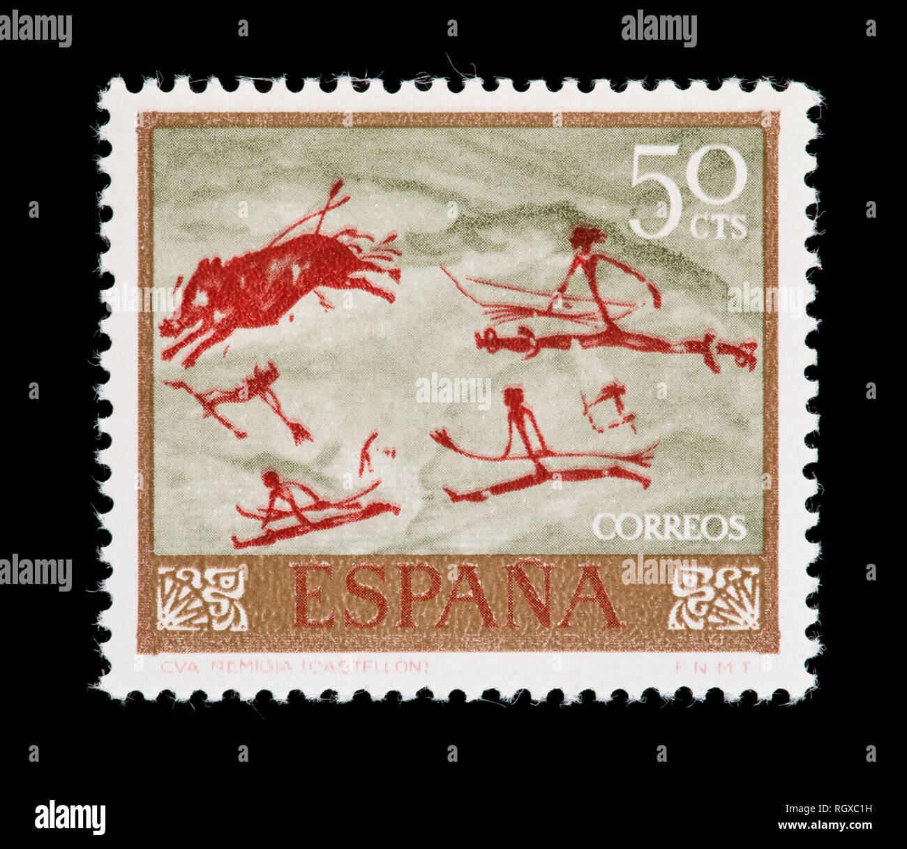 Timbre d'Espagne représentant un ornamentt l'art rupestre, de la pré-historique d'habitants. Banque D'Images