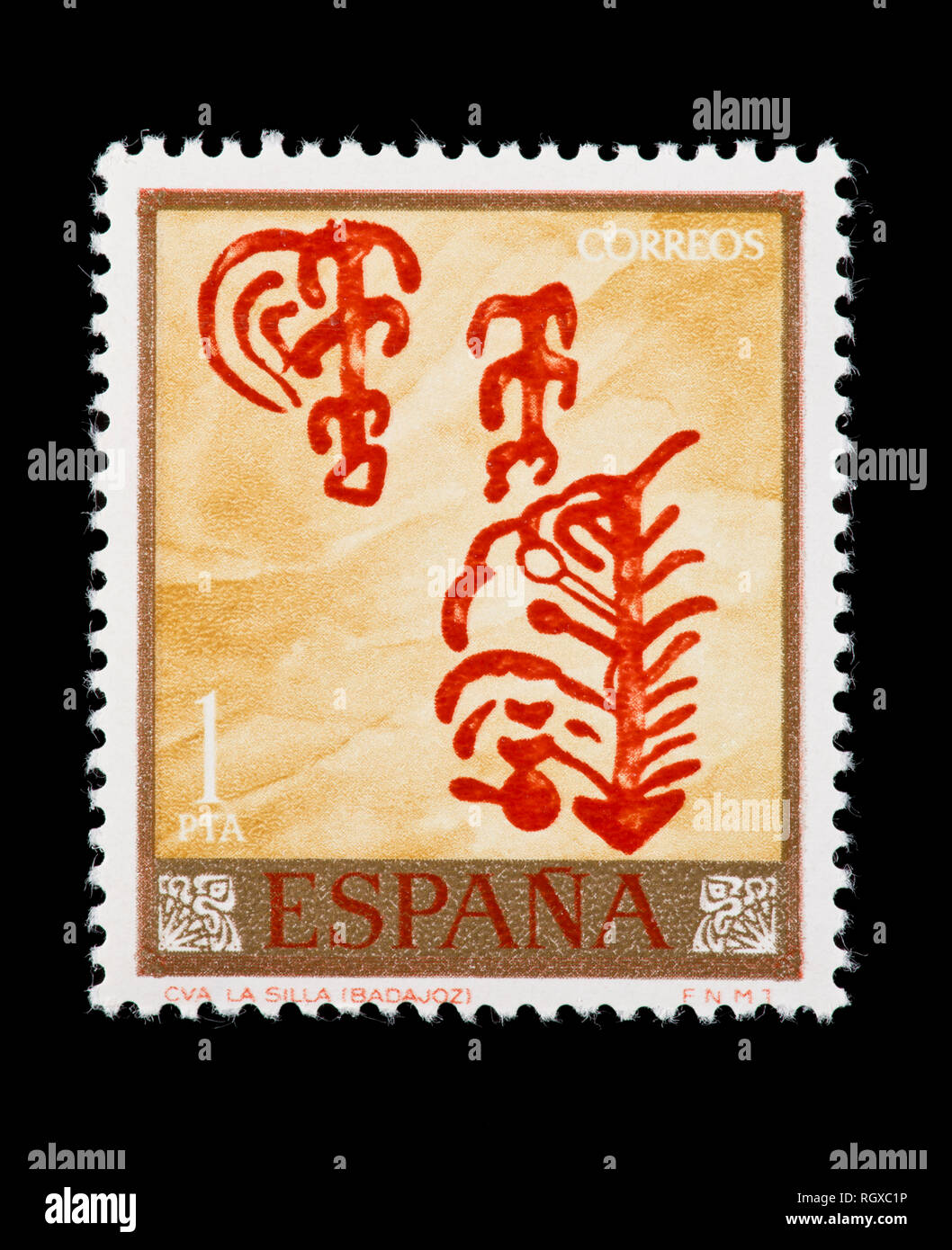 Timbre d'Espagne représentant un ornamentt l'art rupestre, de la pré-historique d'habitants. Banque D'Images