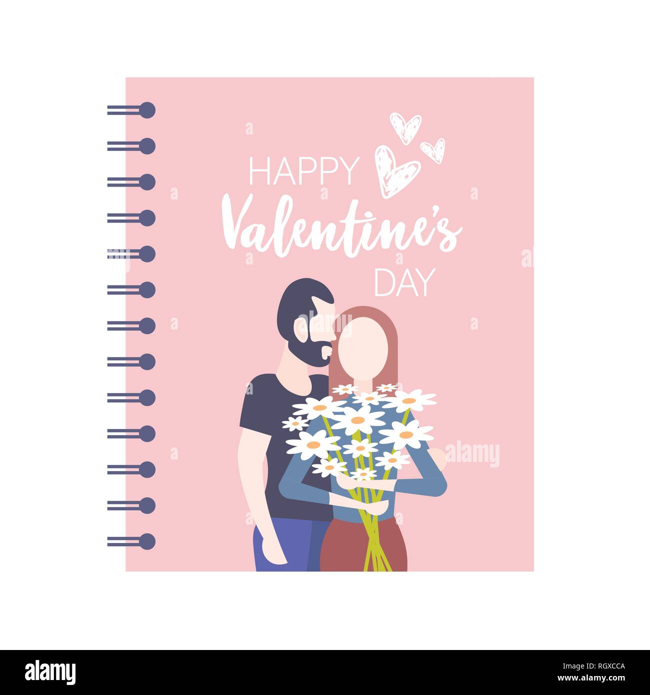 Man kissing happy woman with white flowers camomille happy valentines day concept couple amoureux portrait ensemble permanent de l'ordinateur portable de carte de vœux Illustration de Vecteur