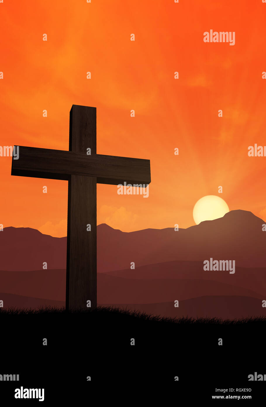 Croix de Jésus en face de la montagne au coucher du soleil 2 Banque D'Images