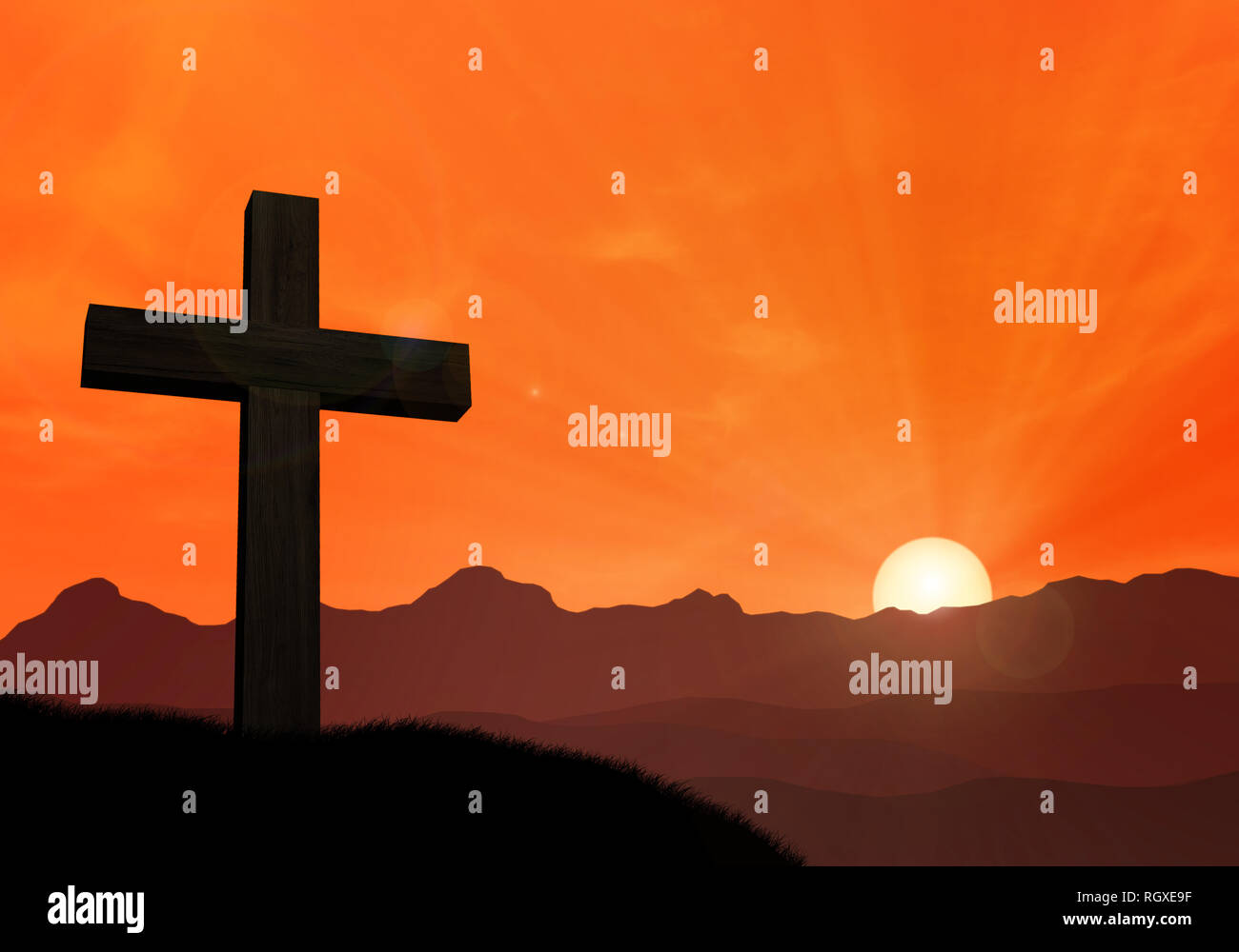 Croix de Jésus en face de la montagne au coucher du soleil Banque D'Images