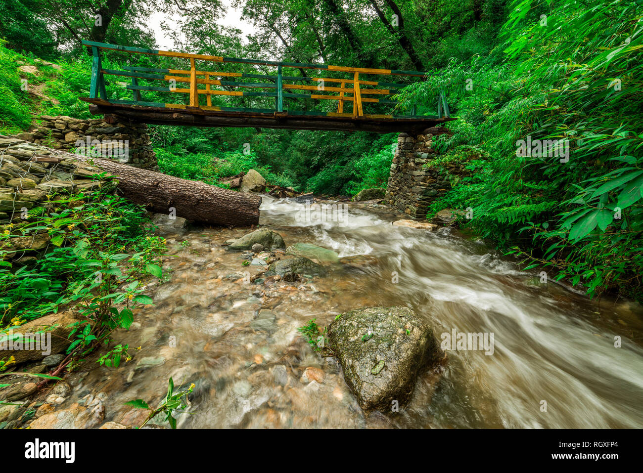 Photo du pont de bois sur chute d'Himalaya - sainj, kullu, himachal, Inde Banque D'Images