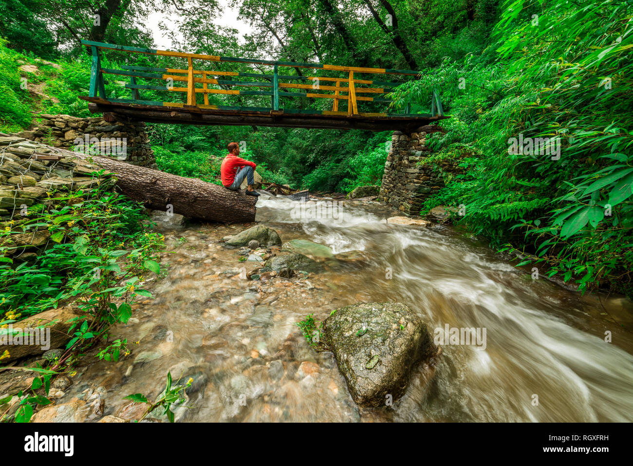 L'homme faisant du yoga à côté d'une cascade - Photo de pont de bois sur chute d'Himalaya - sainj, kullu, himachal, Inde Banque D'Images