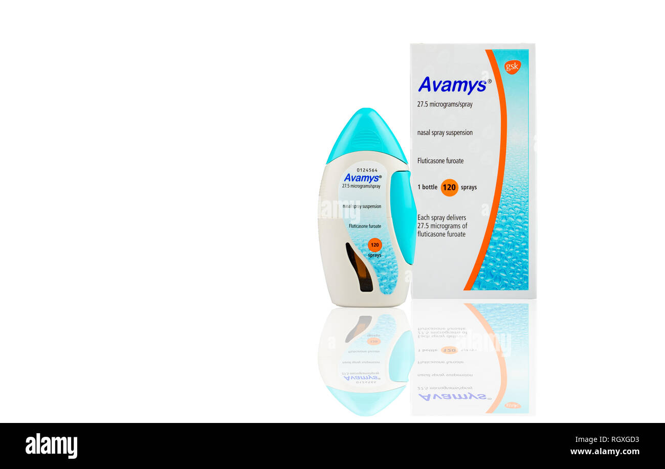 CHONBURI, THAÏLANDE-Octobre 17, 2018 : Avamys suspension pour pulvérisation  nasale. Fluticasone nasal spray bouteille. Steroid Nasal Spray isolé sur  fond blanc Photo Stock - Alamy