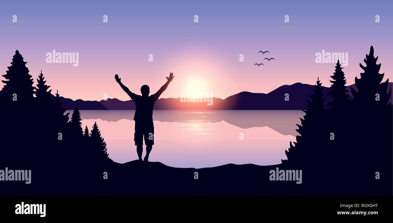 Homme heureux avec bras levés au lever du soleil sur le lac illustration vecteur EPS10 Illustration de Vecteur