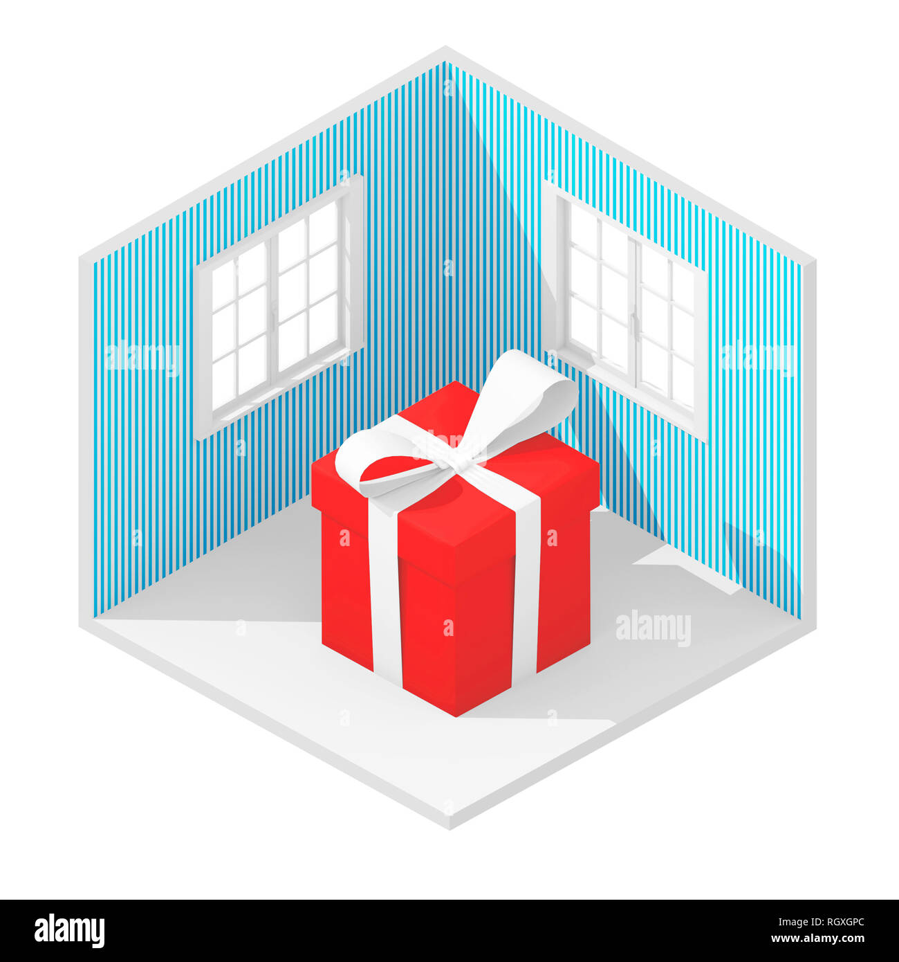 Le rendu 3D isométrique illustration de boîte cadeau avec ruban rouge Banque D'Images