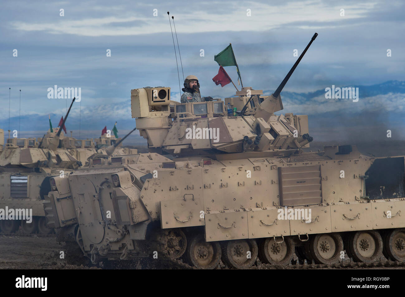 La Garde nationale de l'Armée de l'Idaho se préparer à l'exercice de tir réel avec des véhicules de combat Bradley sur Orchard Centre d'instruction au combat (CTEO) dans l'Idaho. Banque D'Images
