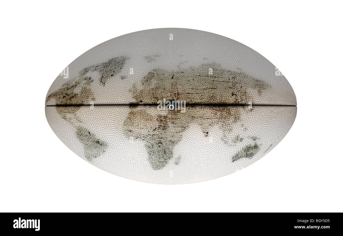 Un fond blanc texturé ballon de rugby avec de la terre sur elle représentant une carte du monde sur un fond blanc isolé - 3D render Banque D'Images