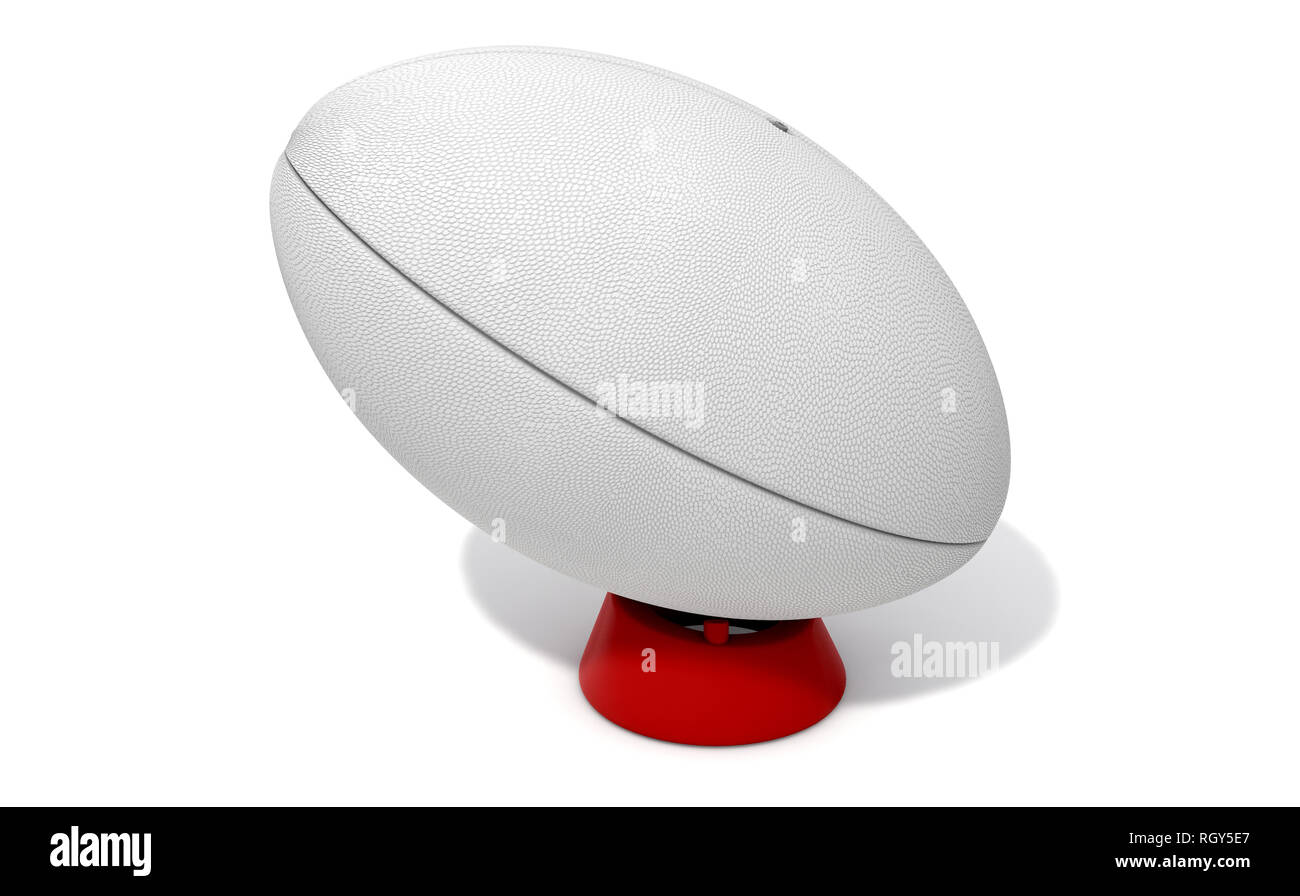 Un fond blanc texturé ballon de rugby sur un tee sur un fond blanc isolé - 3D render Banque D'Images