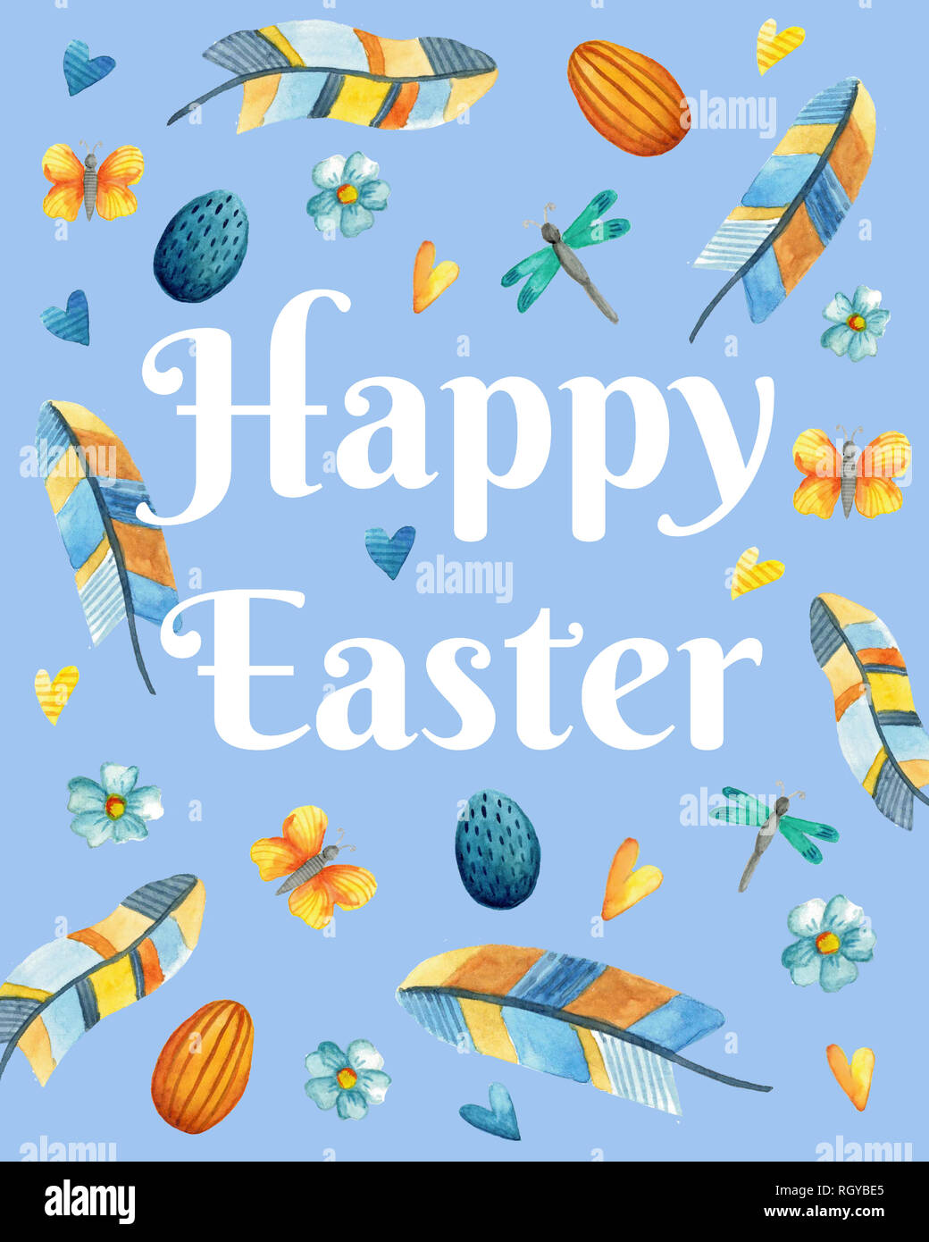 Belle carte de vœux de Pâques avec illustrations à l'aquarelle. Banque D'Images