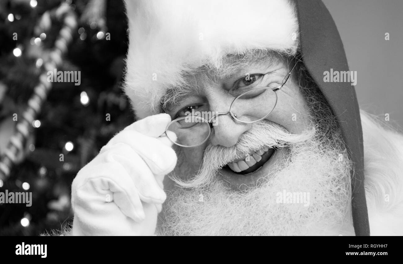 Un portrait noir et blanc portrait du père Noël avec un arbre de Noël dans l'arrière-plan. Banque D'Images