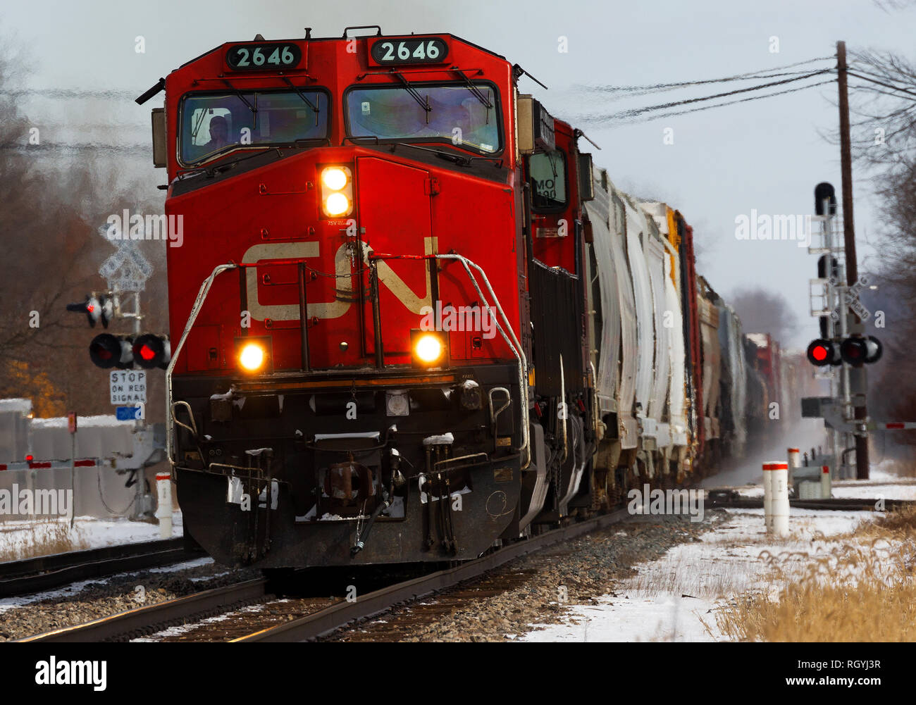 Canadian National Railway # 2646 le transport de marchandises par Durand, Michigan en hiver Banque D'Images