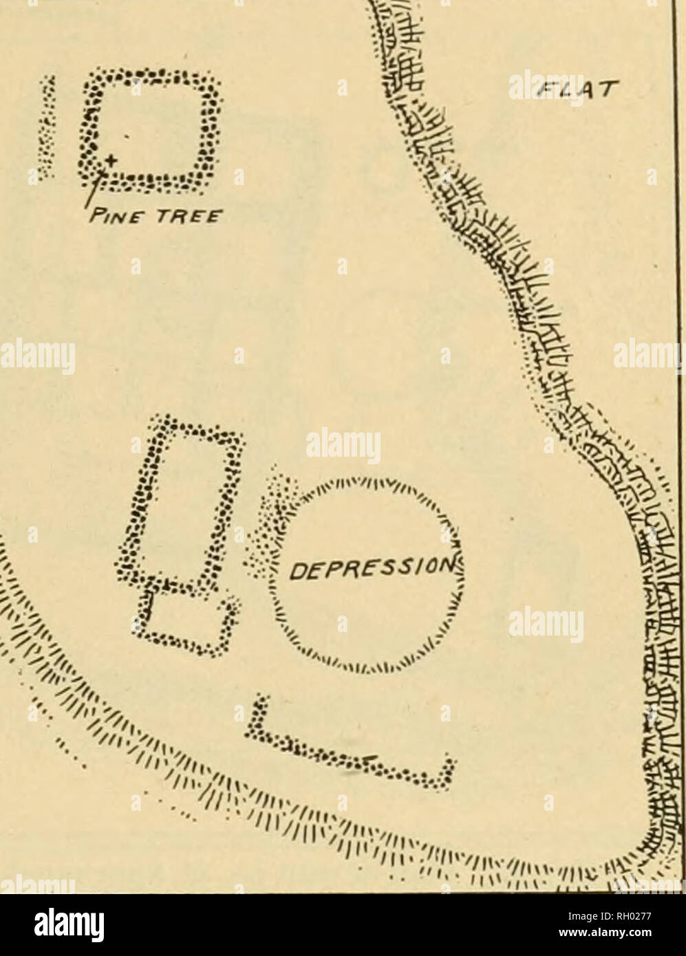 . Bulletin. De l'ethnologie. HODGH] ANTIQUITÉS DE GILA-SEL 65 vallées. "Â¢mo,,, '',itm&amp ;, "â "^^VSTRVm^ Fig. 30. N° Plan de ruine 80, Spur ranch. sous une haute falaise au dessus de l'astragale. Presque pas de murs restent au-dessus des débris et de grandes masses de roches tombées dans certaines des maisons. Certains poteaux de bois sont dans les ruines. Des fouilles ont été faites ici par R. M. G. Dill, Esq., il y a quelques années, et en 1004 par l'écrivain. Sur la falaise lisse pictogrammes sont en rouge, les sujets représentés être entre autres le soleil et la montagne lion. (PI. iv, b.) n° 79. Pueblo.âOn Banque D'Images