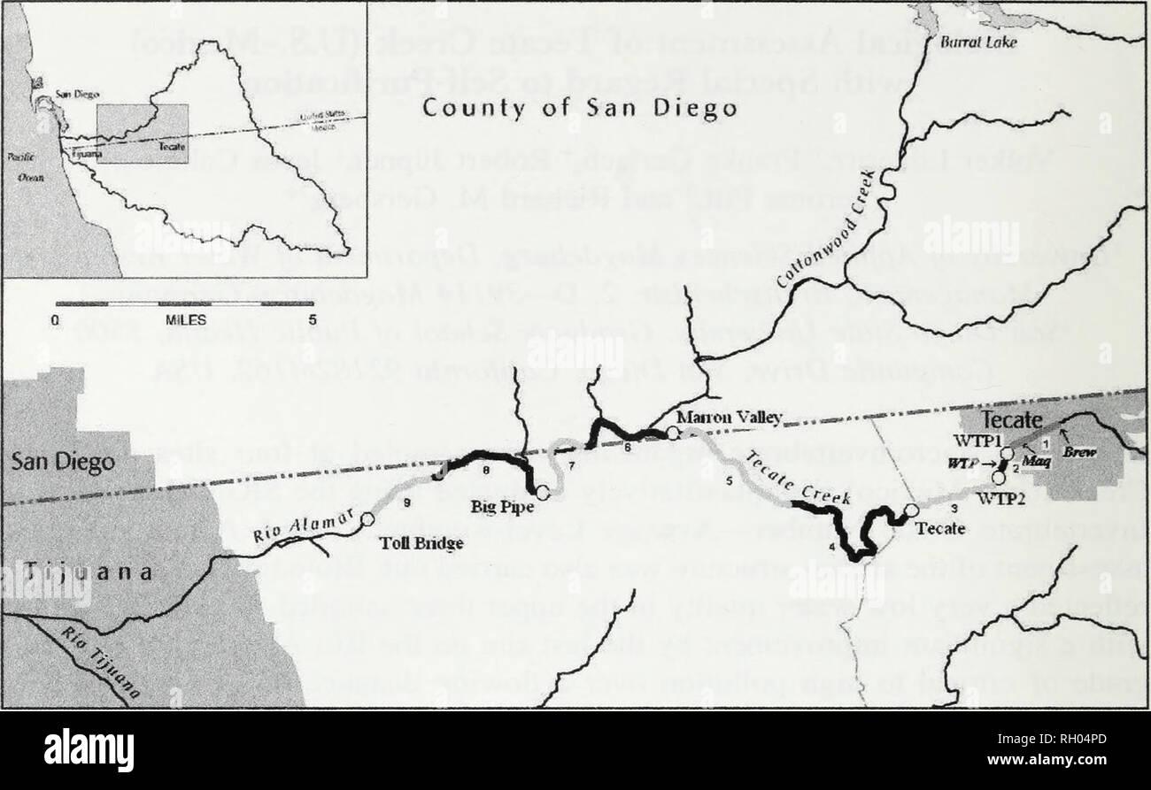 . Bulletin. La science. Le sud de l'Académie des Sciences de Californie. Fig. 1. Carte des sites d'échantillonnage (dénoté par cercles ouverts) sur Tecate Creek et l'Alamar River. L'ombre (à la fois la lumière et l'obscurité) sections de segments de cours d'eau représentent les segments où l'évaluation écomorphologiques a été faite. L'emplacement de la décharge de l'Tecate le traitement des eaux usées municipales est désignée comme "payer". L'emplacement de la décharge de l'Tecate bière brasserie et l'Tecate complexe des maquiladoras sont indiqués par "brew" et "Maq" respectivement. Site adapté de la base de données SIG du bassin hydrographique de la rivière Tijuana Banque D'Images