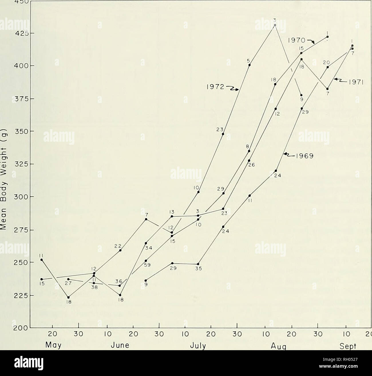 . Bulletin. La science ; natural history ; histoire naturelle. 1975 CYCLES SAISONNIERS DANS LES Spermophiles de Belding 135 450. Août 1020 Figure 6. La variation annuelle de la randonnée de poids corporel dans hctdinpi Spcrmopliiliis beldingi mâles adultes à Tioga Pass. Les chiffres arabes indiquent la taille de l'échantillon. 10 Sept 20 lusher que sur la plus grande prairie, mais il n'a pas contenir autant de calories par unité de poids. La nourriture réelle .choisis par S. h. helilini^j, comme vu dans le contenu de l'estomac, indique qu'ils sont probablement un opportuniste. Au début de la mer- fils herbe verte fut le point le plus important dans leur régime alimentaire dans les deux sites d'étude (Fig. Banque D'Images