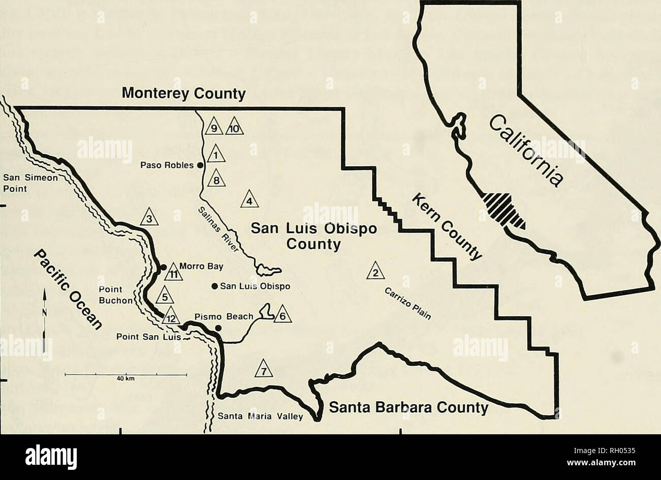 . Bulletin. La science ; natural history ; histoire naturelle. Pléistocène de vertébrés terrestres 27. Fig. 1. Carte de l'âge rancholabréen (fin du Pléistocène) localités de vertébrés terrestres dans le comté de San Luis Obispo, en Californie. Triangles numérotés se reporter à la California Polytechnic State University, San Luis Obispo (CPVP), Natural History Museum of Los Angeles County Section paléontologie des vertébrés (LACM), Musée de Paléontologie (notes), ou United States Geological Survey (USGSM) localités. Assemblages sont énumérées dans le tableau 1. Explication : 1  = Le CPVP s'6901, 5791 ; 2  = LACM CPVP 7803, LACM 5659 ; 3  = 1720 ; 4 LACM Banque D'Images
