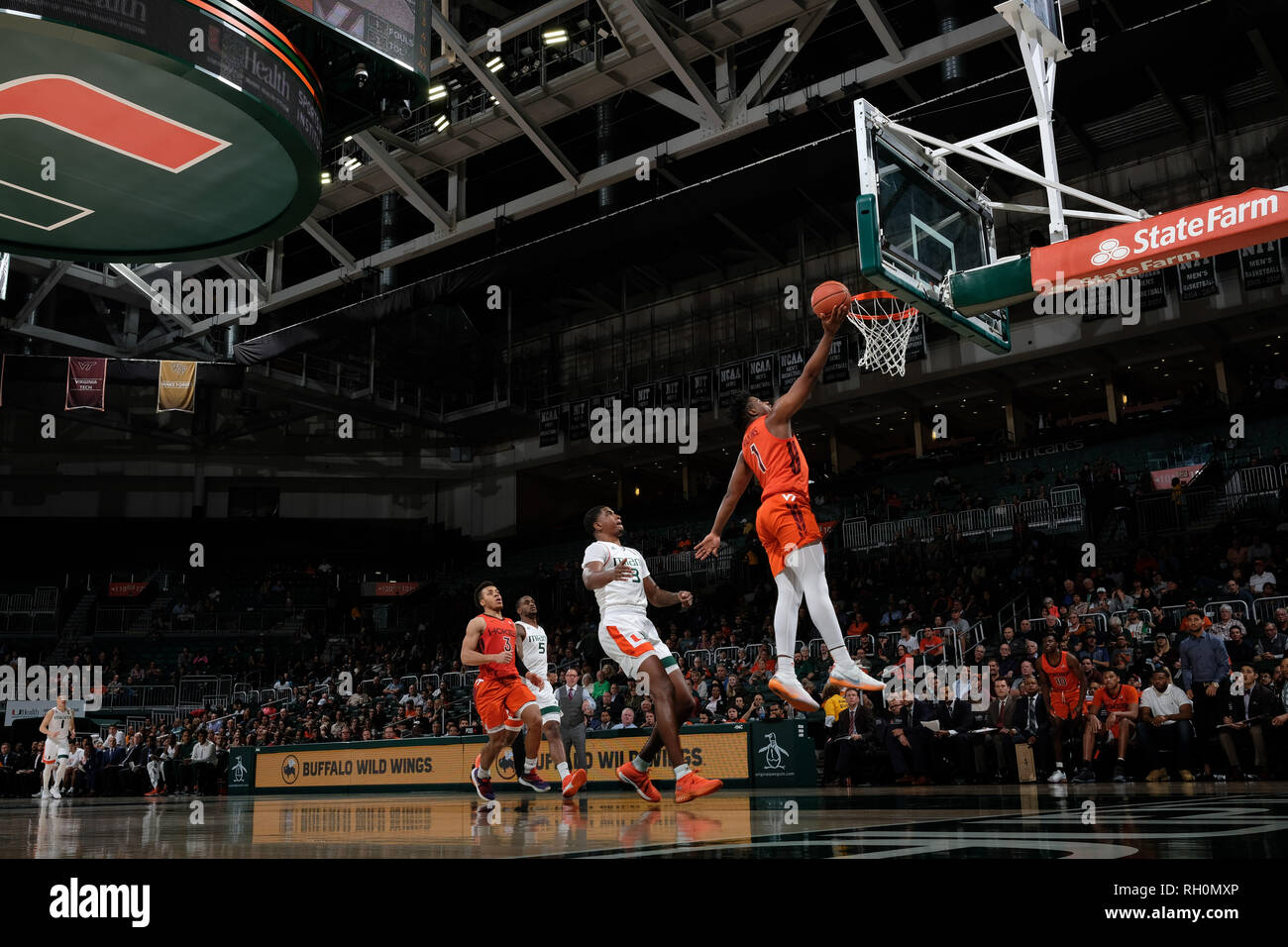 Coral Gables, en Floride, aux Etats-Unis. 30Th Jan, 2019. Ésaïe Wilkins # 1 de Virginia Tech en action au cours de la jeu de basket-ball de NCAA Miami entre les ouragans et la Virginia Tech Hokies à Coral Gables, en Floride. Les Hokies défait les cannes '82-70. Credit : csm/Alamy Live News Banque D'Images