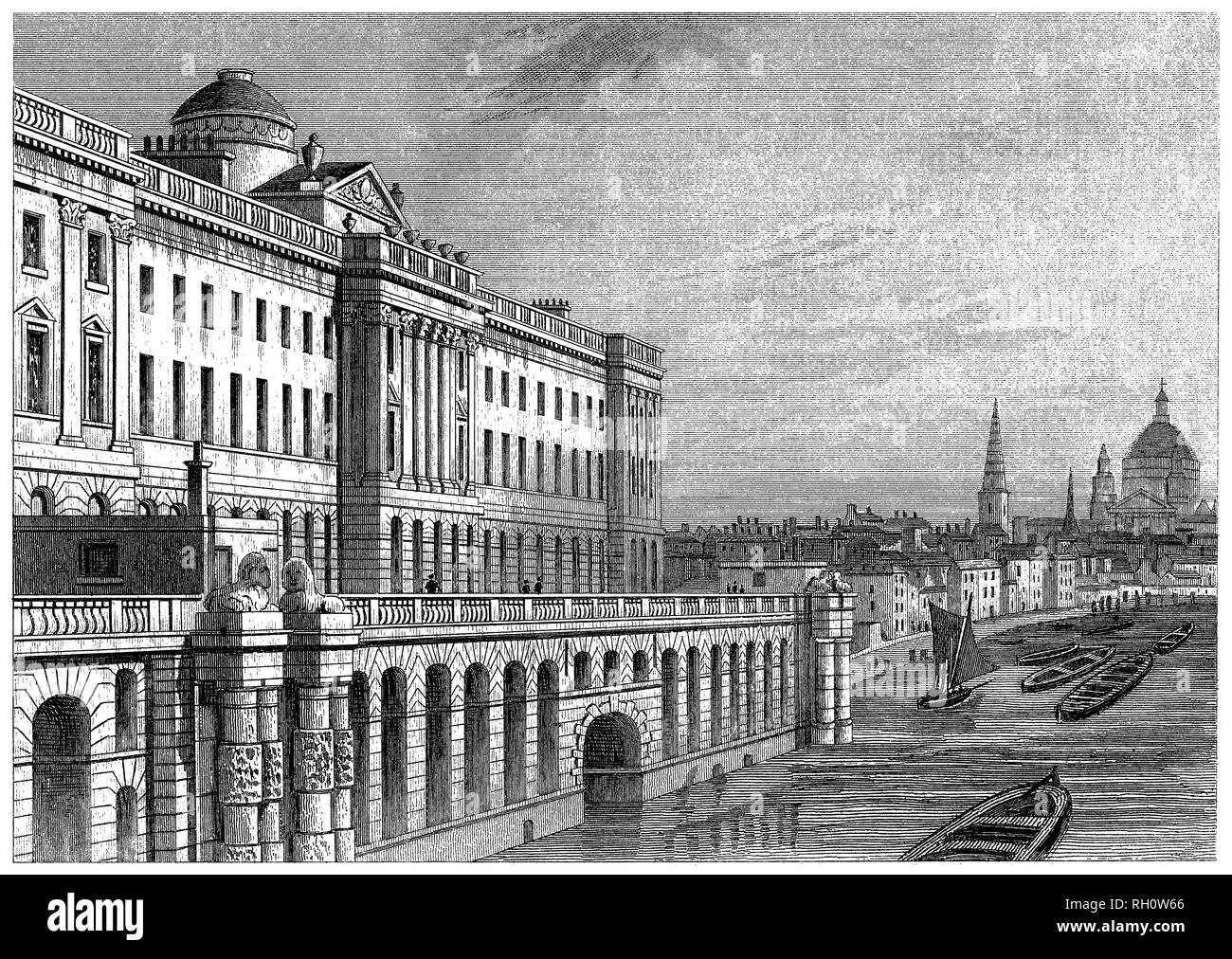 1853 gravure victorienne de Somerset House par la Tamise à Londres, avec la Cathédrale St Paul à l'arrière-plan. Banque D'Images