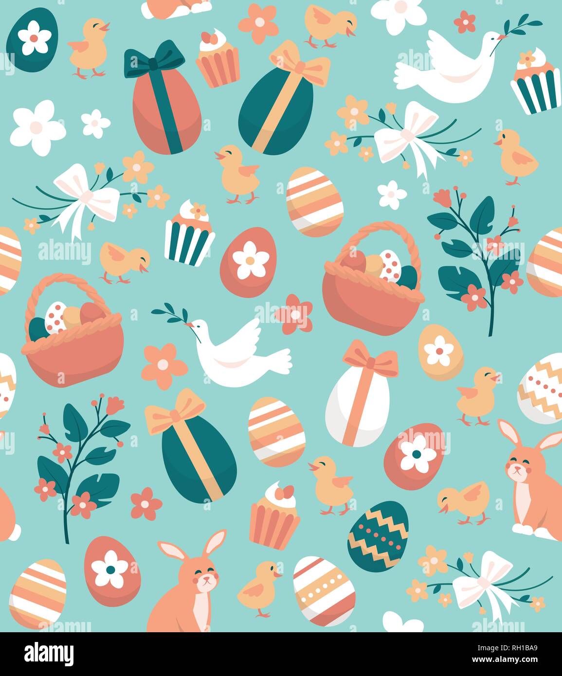 Pâques sans motif avec les oeufs, les lapins, les fleurs et les poussins : fêtes et célébrations Illustration de Vecteur