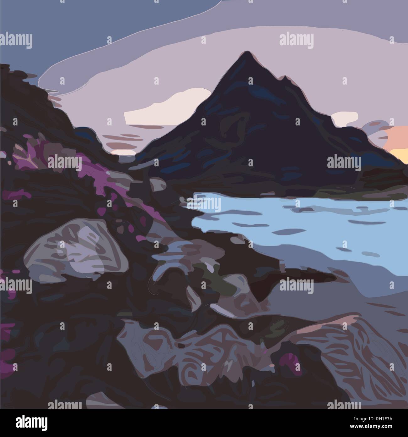 Paysage alpin avec lac, lisse couleur croquis, vector illustration Illustration de Vecteur