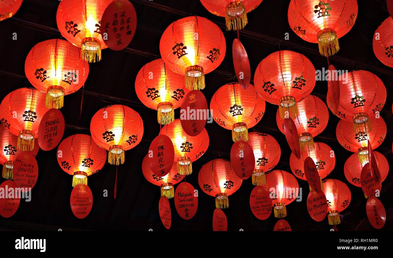 Les lanternes du Nouvel An chinois, dans un temple bouddhiste. Banque D'Images
