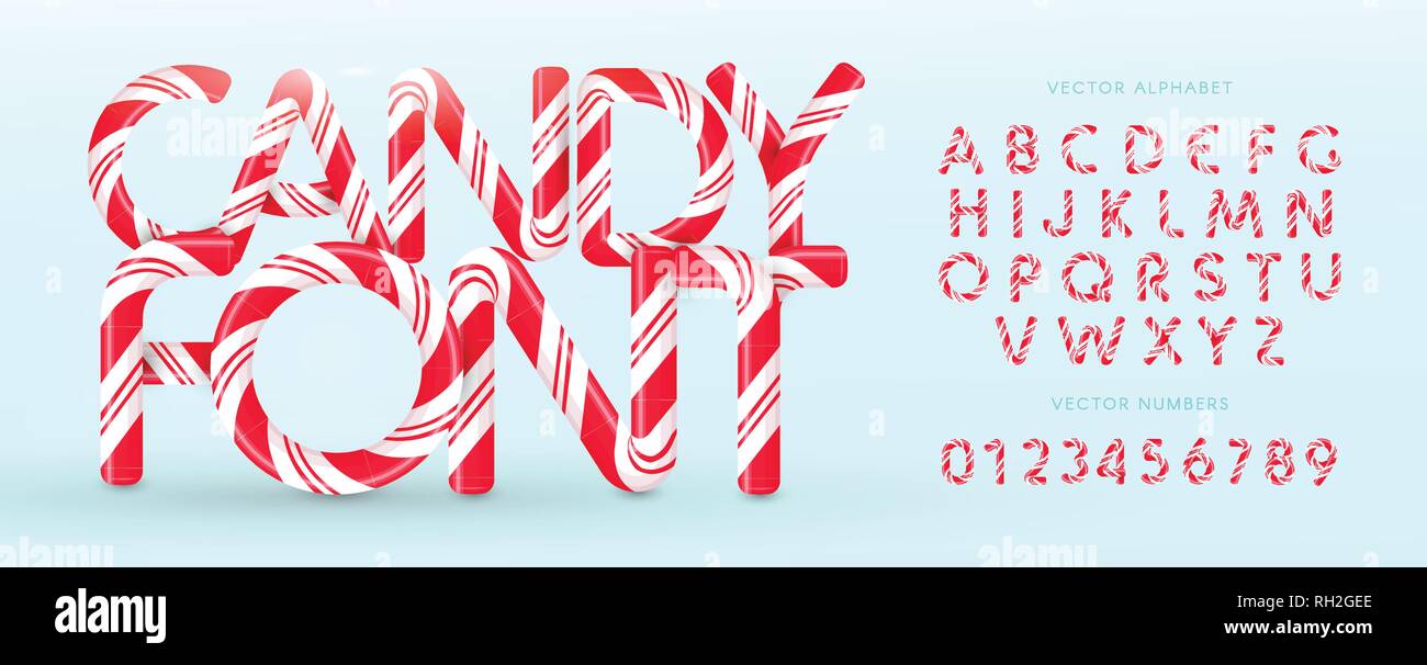 Candy font. Alphabet vecteur et des chiffres. Sucette bonbon sucré, des lettres latines. Des lettres blanches avec des rayures rouges. Cirque et clown monogramme et poster Illustration de Vecteur