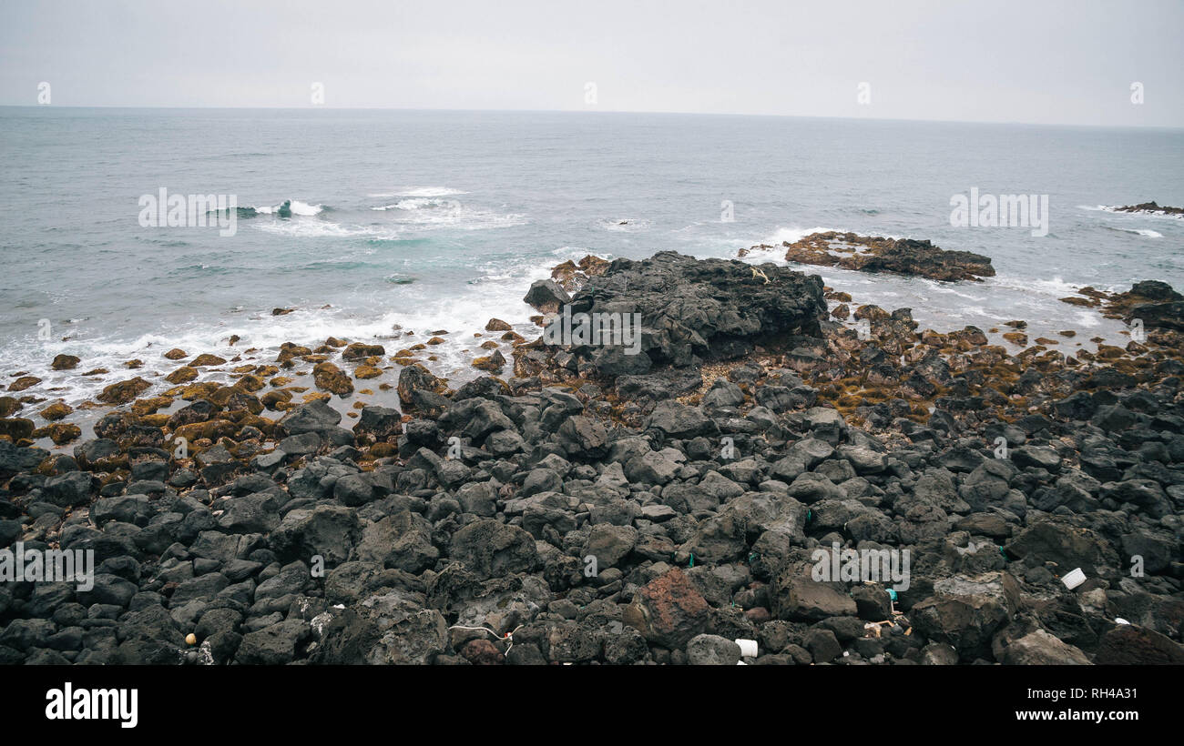 La roche volcanique plages sur la côte de l'île de Jeju, zone de Seogwipo Banque D'Images