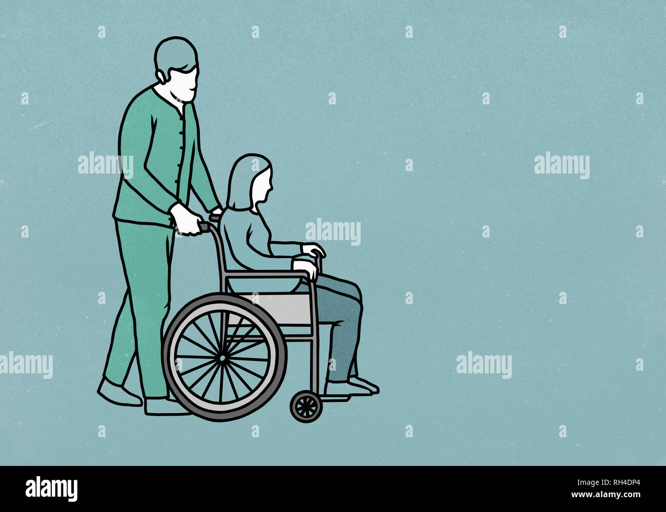 Infirmière de sexe masculin poussant une femme en fauteuil roulant Banque D'Images