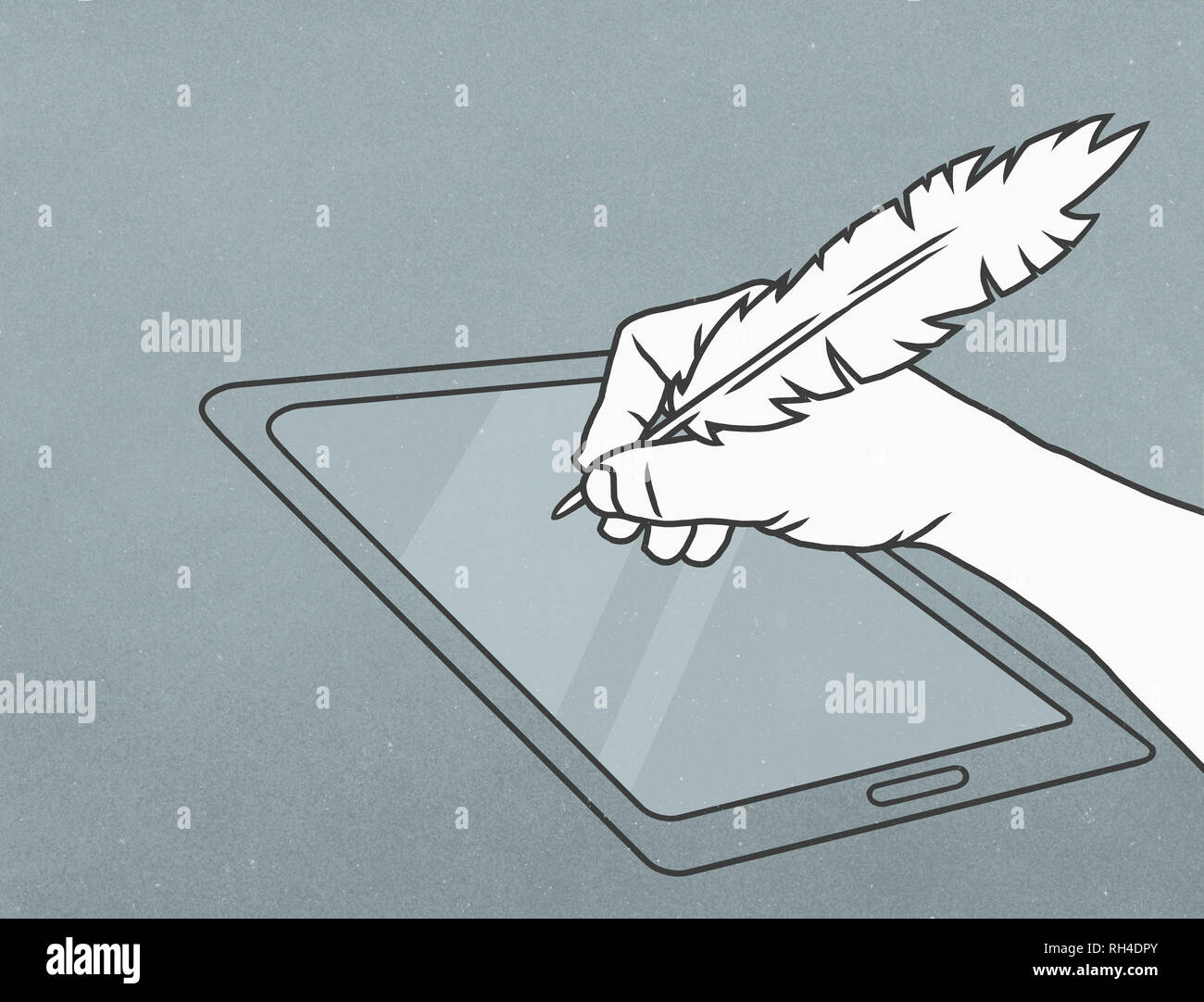 La main avec la plume plumes écrit on digital tablet Banque D'Images