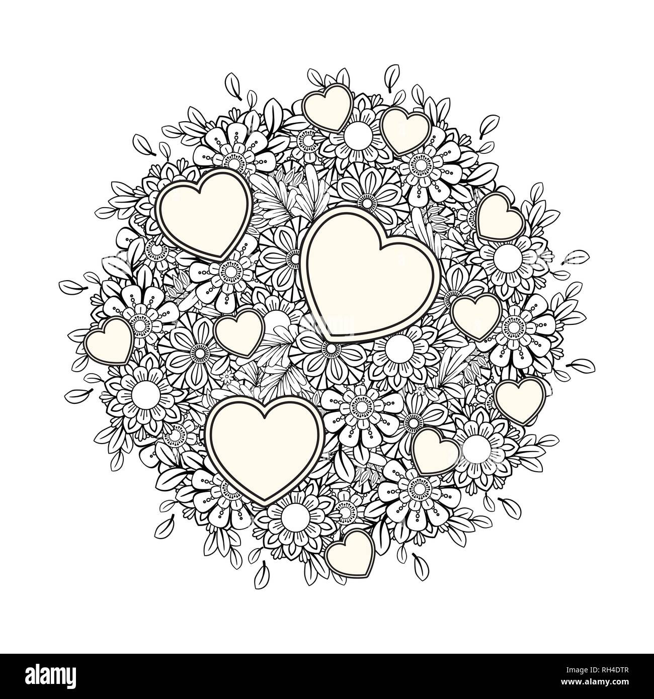 Coeur Floral. Valentines Day coloring page adultes. Vector illustration. Isolé sur fond blanc Illustration de Vecteur